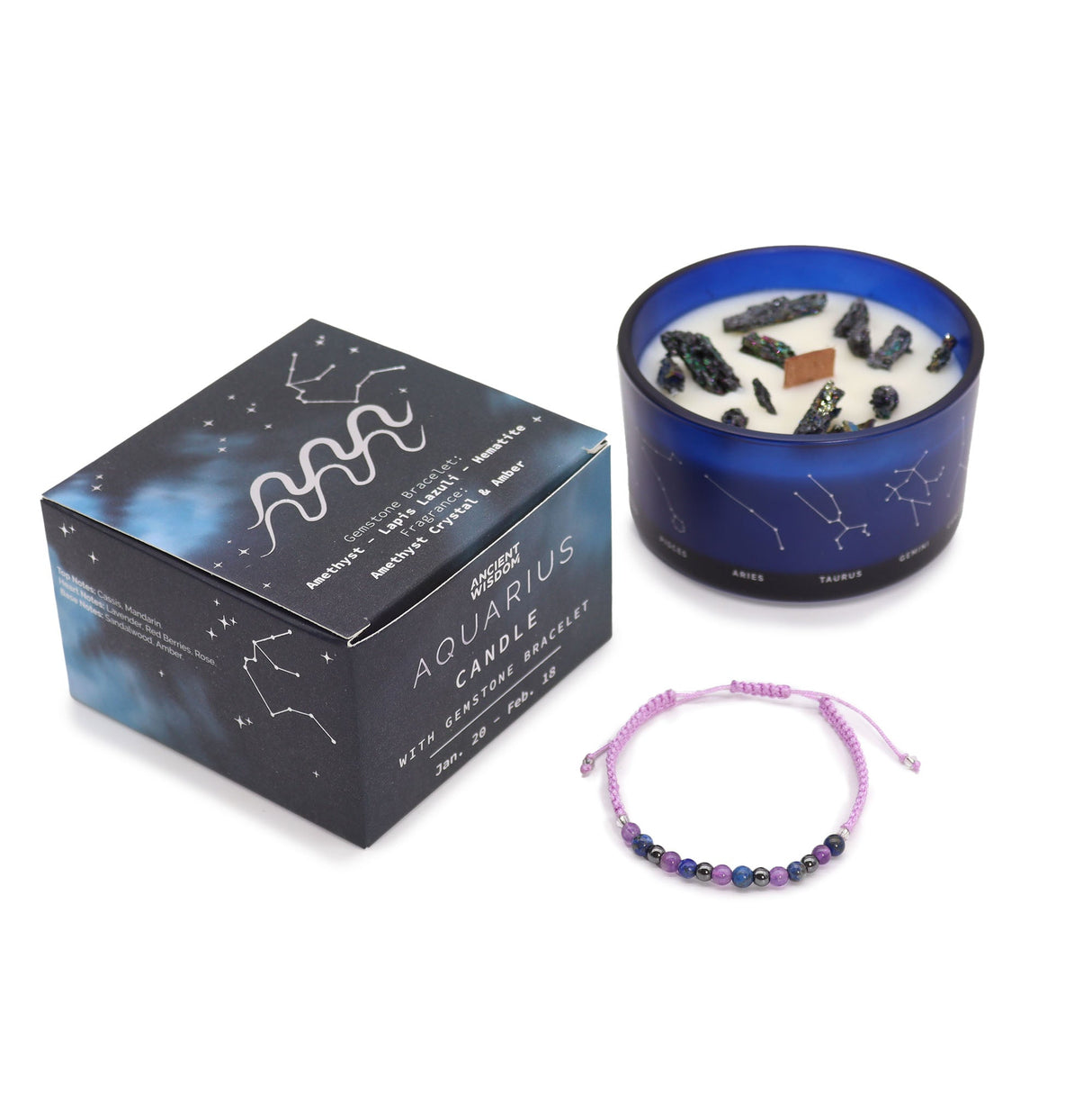 Aquarius Zodiac Crystal Candle with Amethyst Gemstone Bracelet - Aromatic Amethyst & Amber Scent for Spiritual Growth and Grounding - SHAMTAM.COM