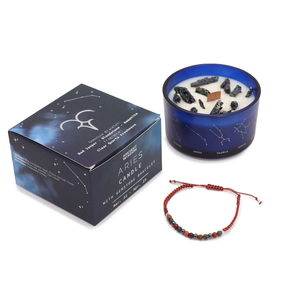 Aries Zodiac Crystal Candle & Gemstone Bracelet Set - Celestial Aromatherapy with Red Jasper, Bloodstone, and Hematite - SHAMTAM.COM