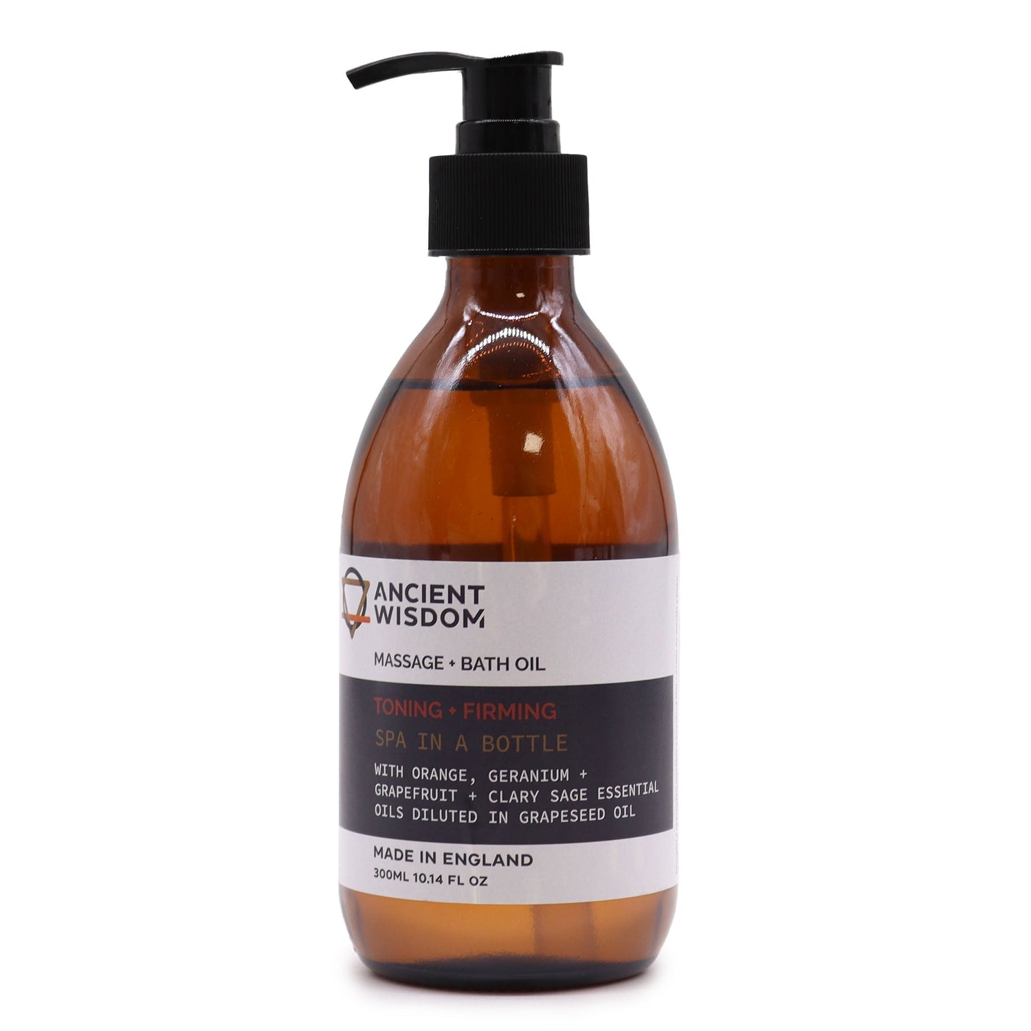 Toning & Firming Aromatherapy Massage and Bath Oil with Orange, Geranium, Grapefruit, and Clary Sage - 300ml Pump Bottle by Ancient Wisdom, Made in England - SHAMTAM.COM