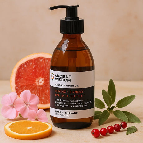 Brown bottle of 'Ancient Wisdom' massage and bath oil with natural elements on a beige background