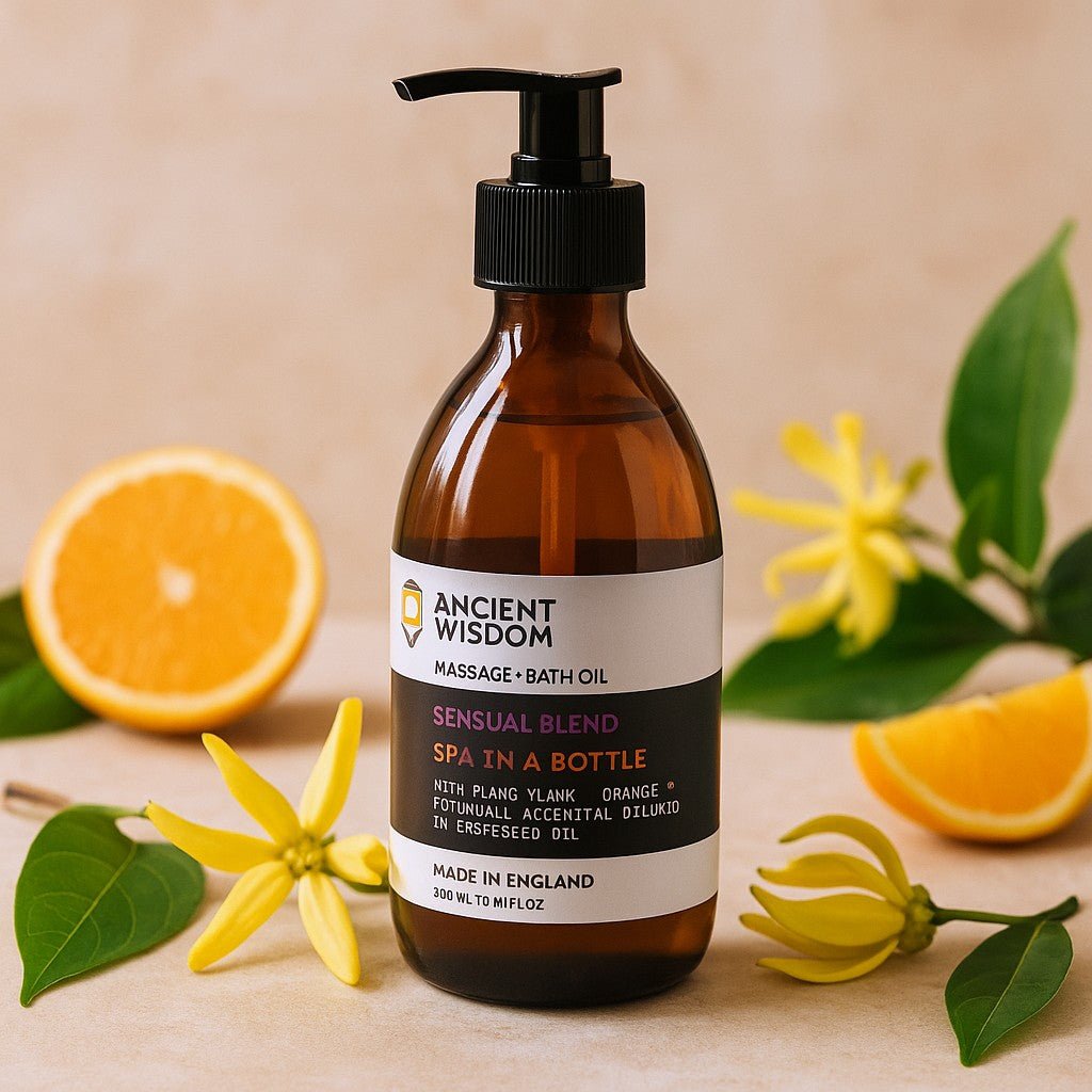 Bottle of Ancient Wisdom massage and bath oil with oranges and flowers on a beige background