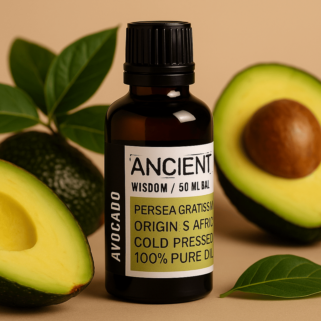 Bottle of 'Ancient Wisdom' avocado oil with avocados and leaves on a beige background