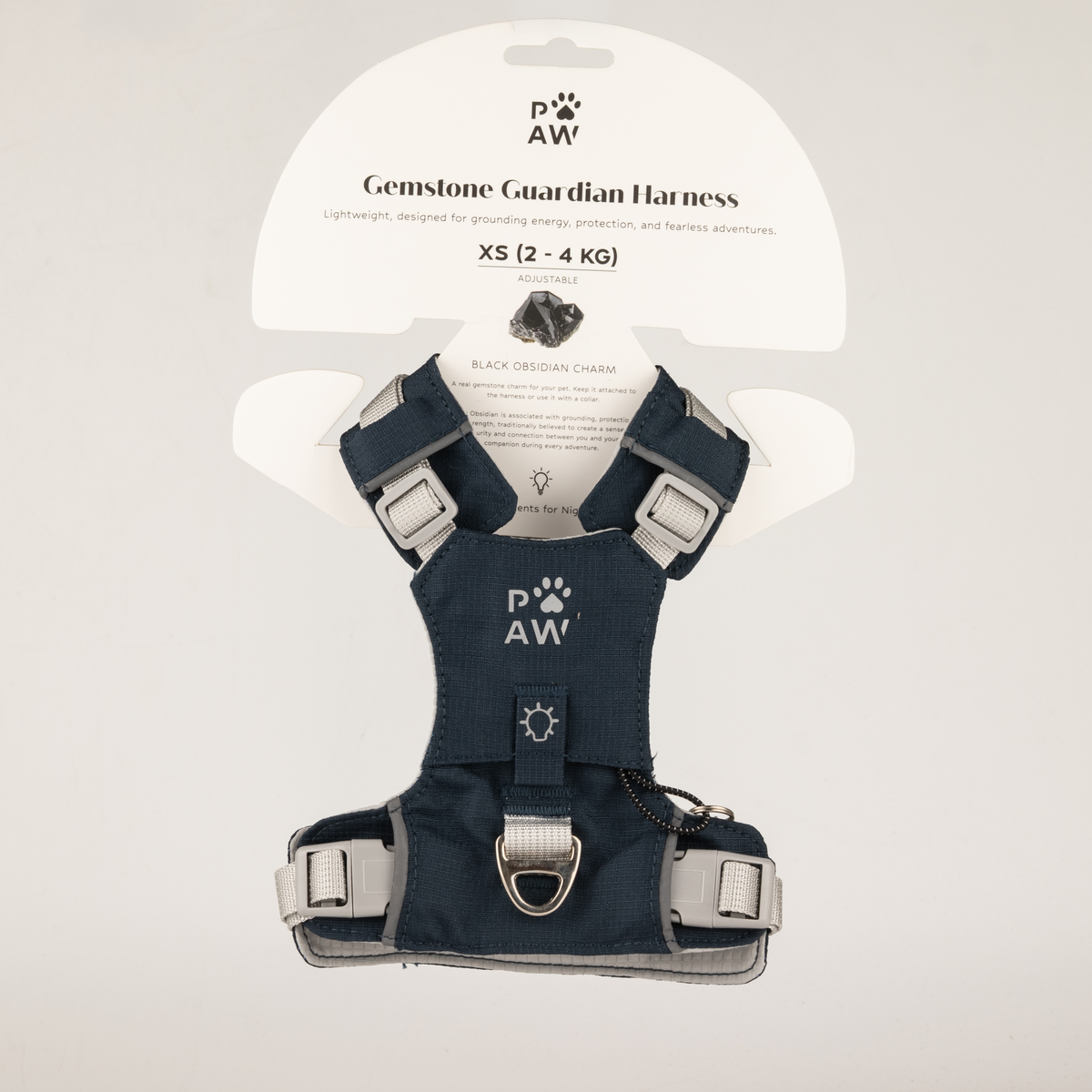 PAW - XS (2-4Kg) Dog Step-in Guardian Harness with Reflective Mesh - Rock Grey - Black Obsidian Charm