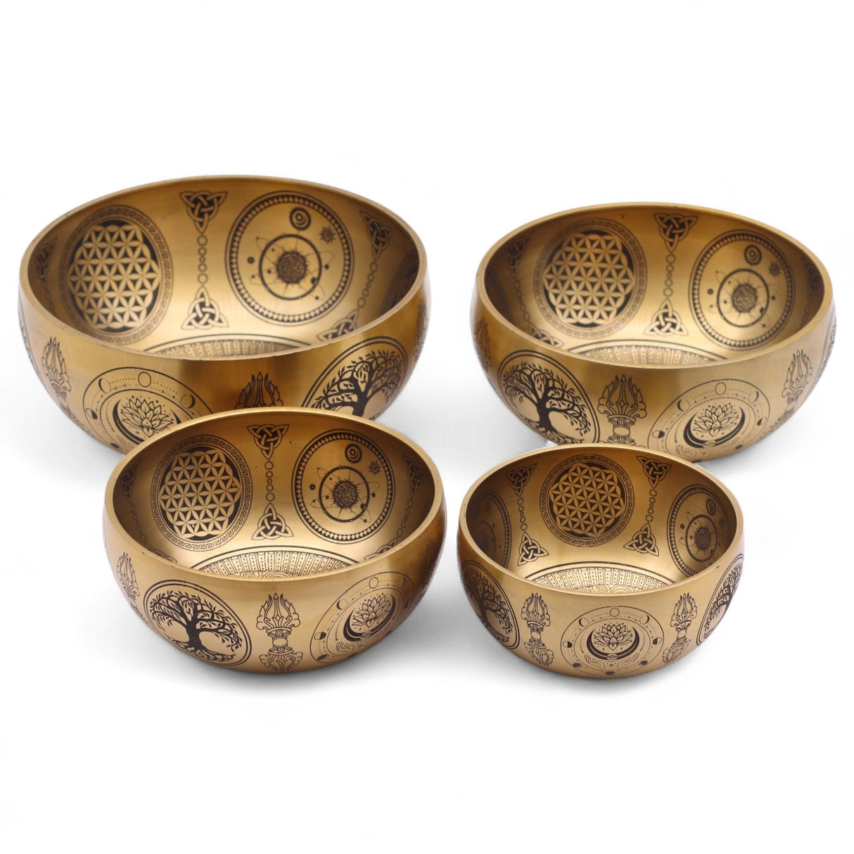 Hand‑Etched Brass Buddha Singing Bowls Set of 4