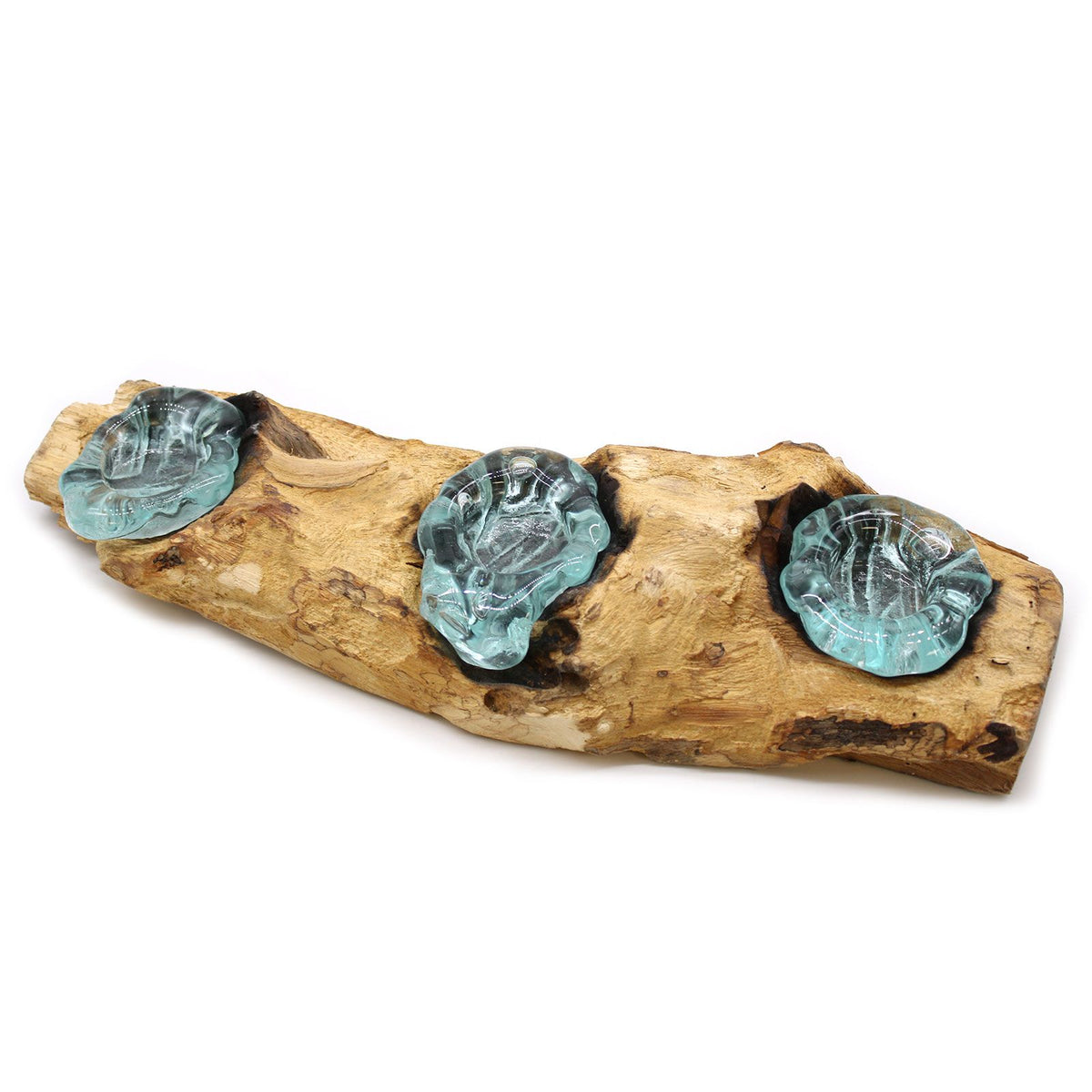 Candle Holder Triple Molten Glass on Wood Base