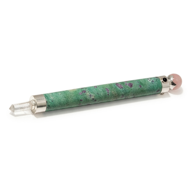 Verdant Heart Wand - Ruby Fuchsite Rose Quartz Crystal Ball top - 23cm