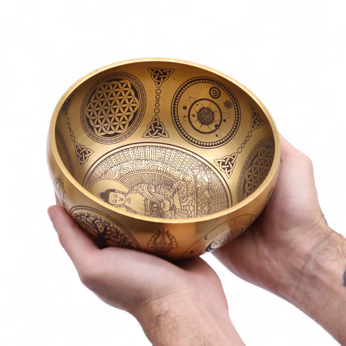 Hand‑Etched Brass Buddha Singing Bowls Set of 4