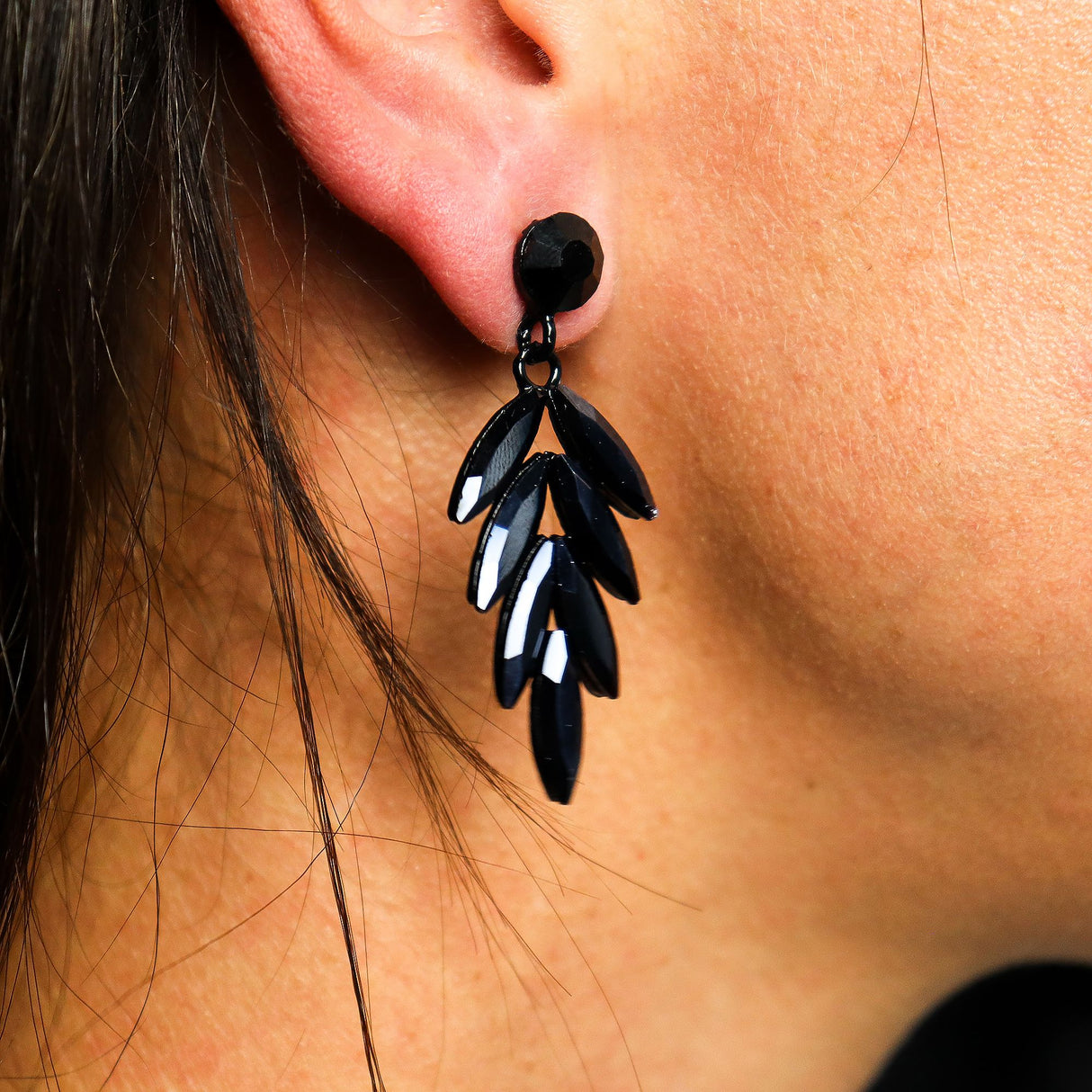 Black Vintage Glass Leaf Long Drop Stud Earrings