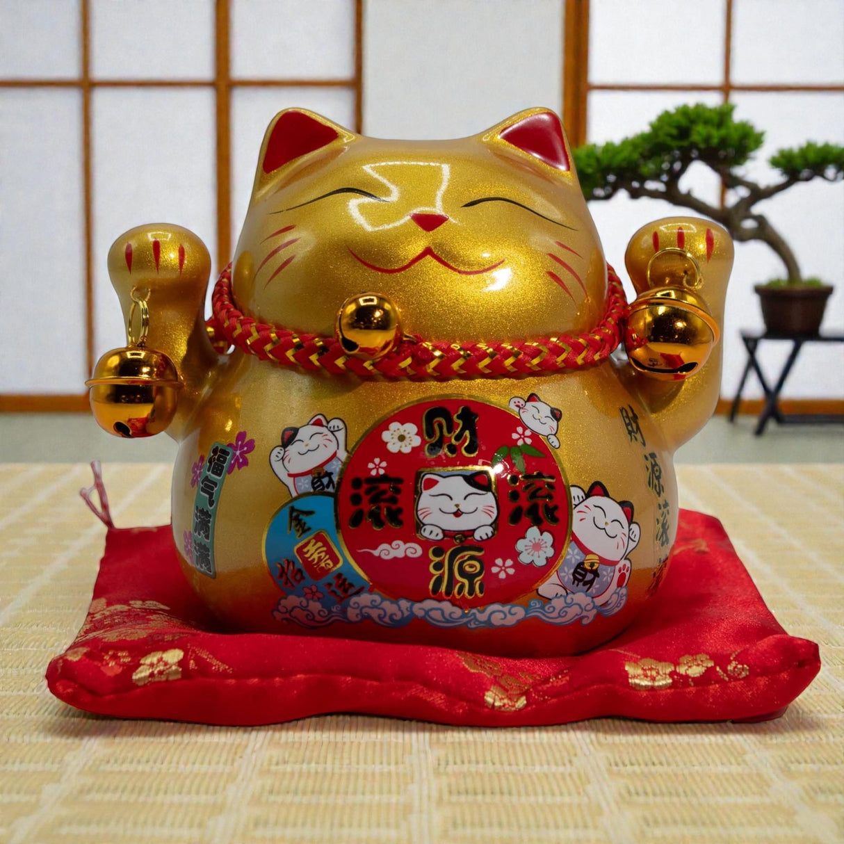 Ceramic Money Cat Bank – Gold on Cushion, Maneki Neko