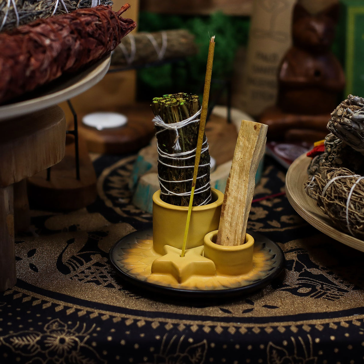 Bandeja Porta Incienso de Cerámica con Girasol para Palo Santo