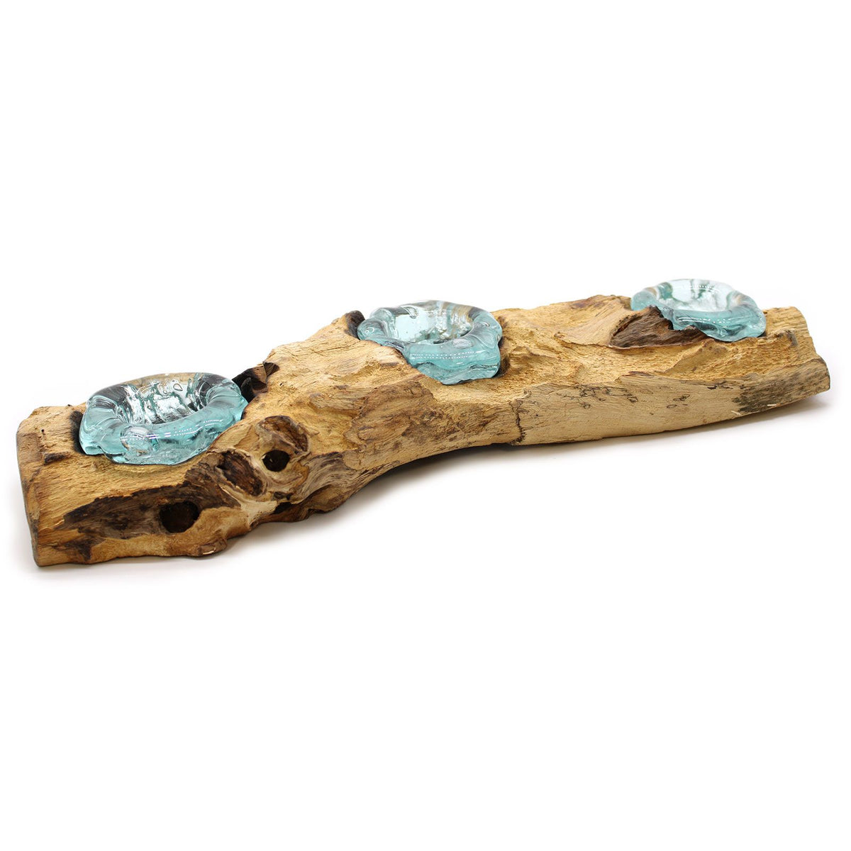Candle Holder Triple Molten Glass on Wood Base