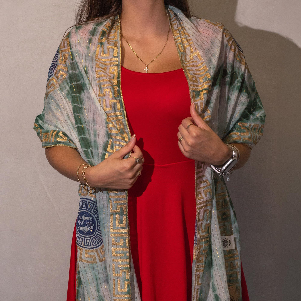 Nomad Sari Summer Marbella Print Scarf – Green with Gold (180x50cm)