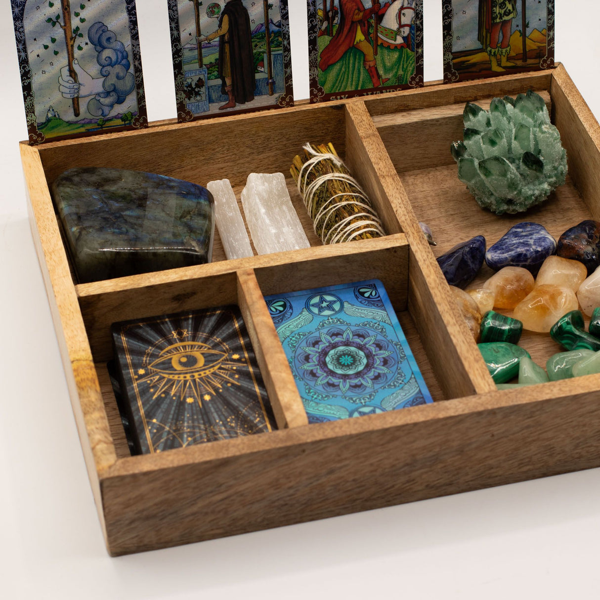Boîte de tarot à quatre compartiments avec porte-cartes