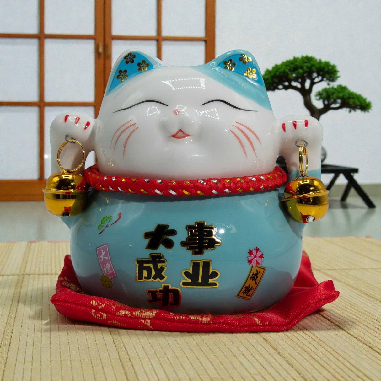 Ceramic Money Cat Bank – Blue on Cushion, Maneki Neko