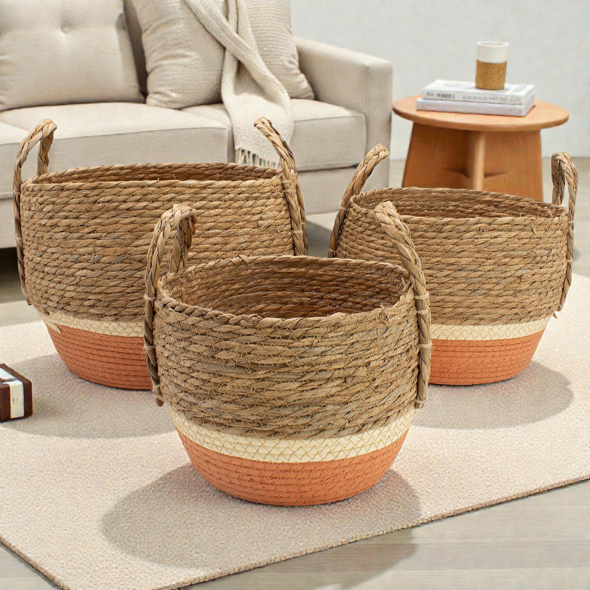 Veľké koše z trstiny a morskej trávy – prírodné a oranžové – sada 3 kusov