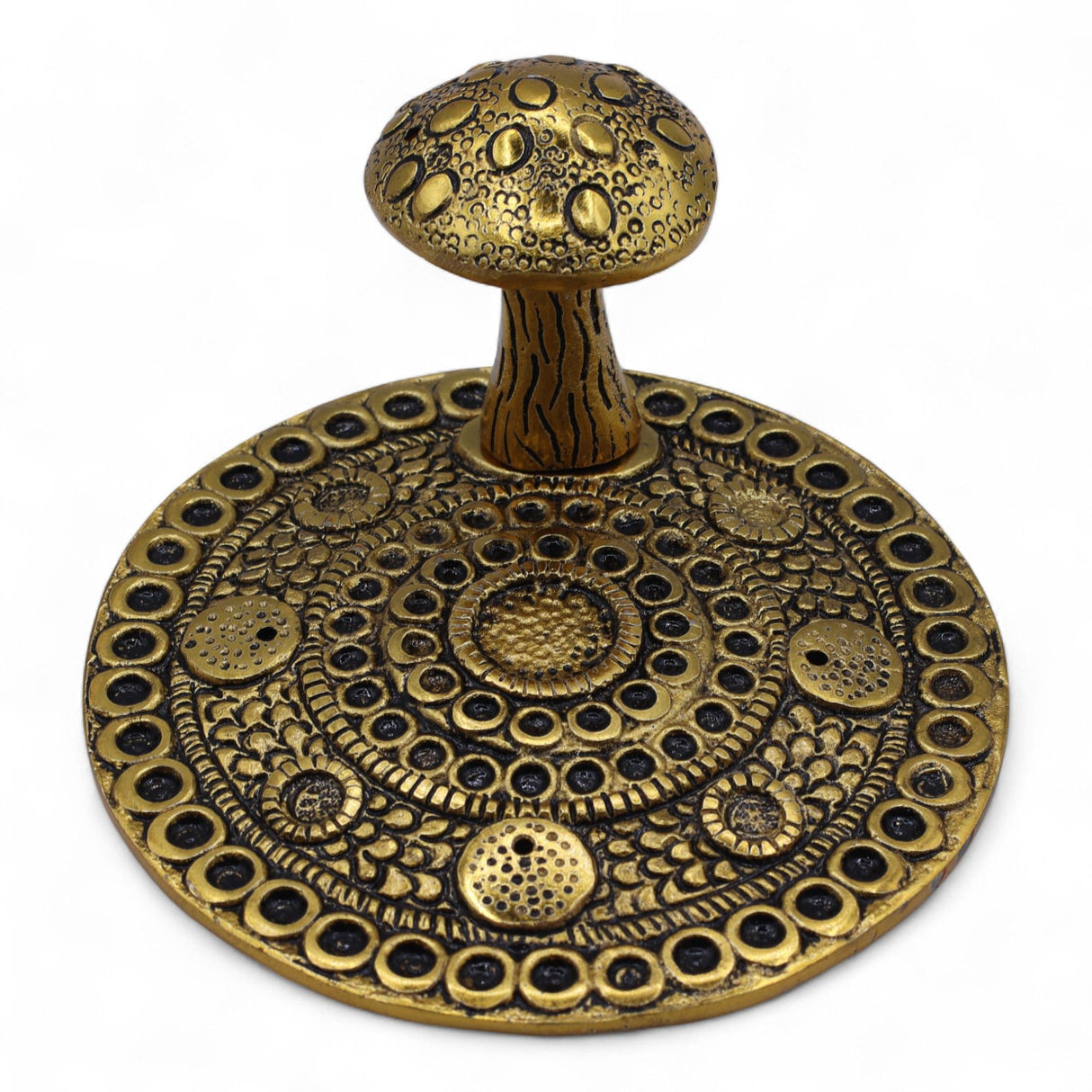 Antique Brass Mushroom Incense Holder Mandala Ring Tray