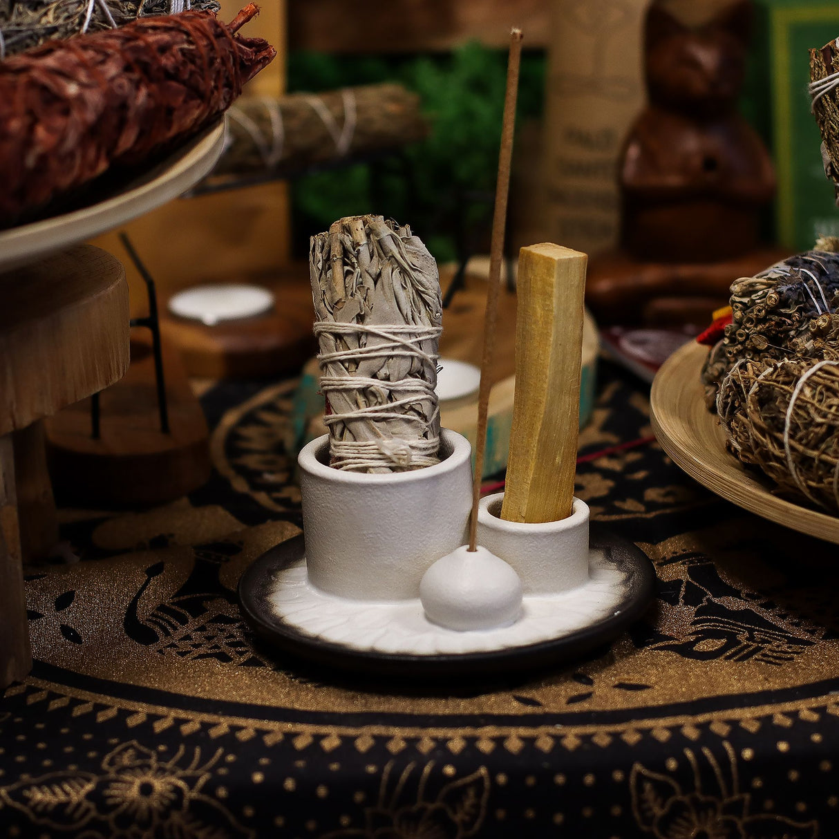 Keramische Palo Santo Wierookhouder, Wit Grijs