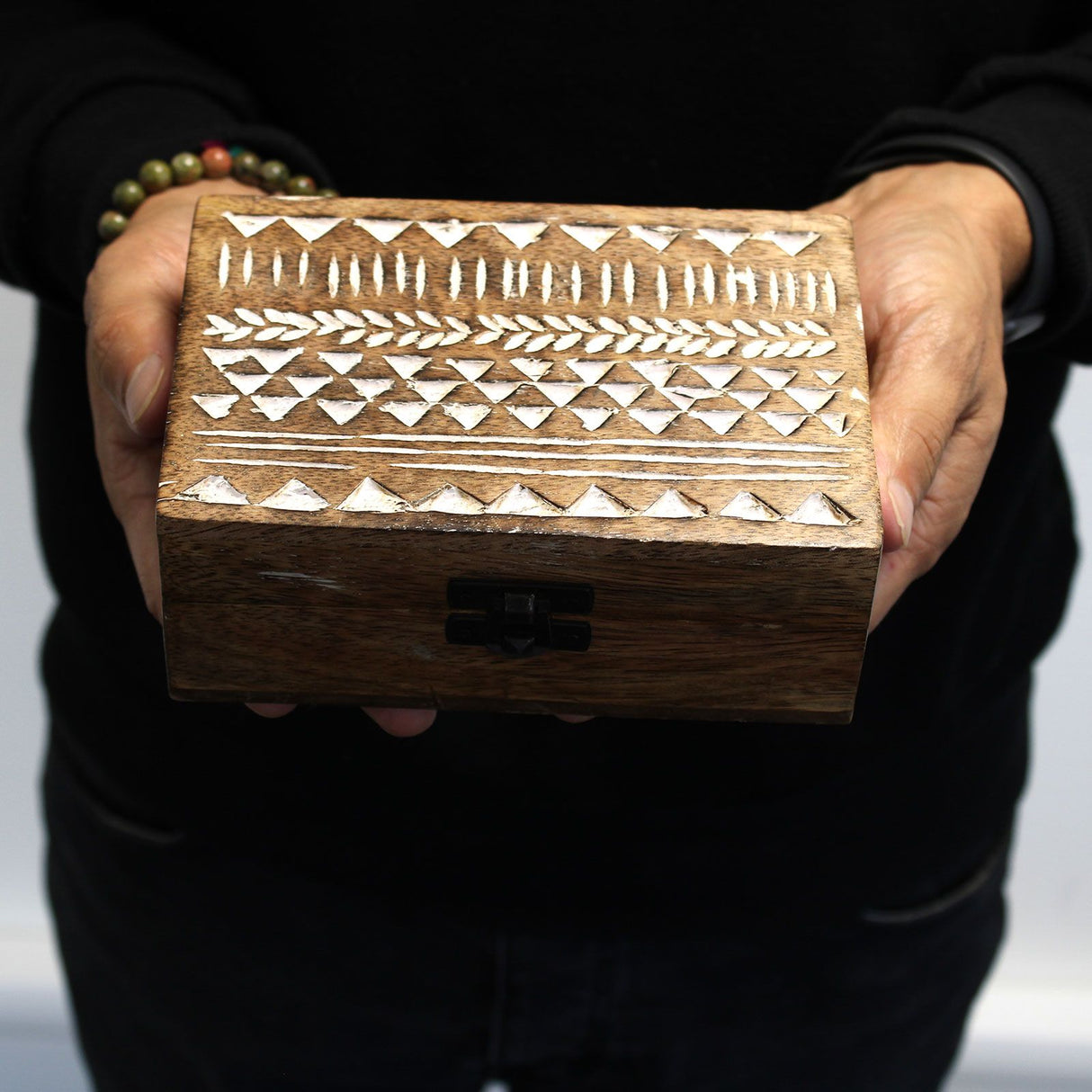 Wooden Box Whitewashed Aztec Design 15x10x6 cm