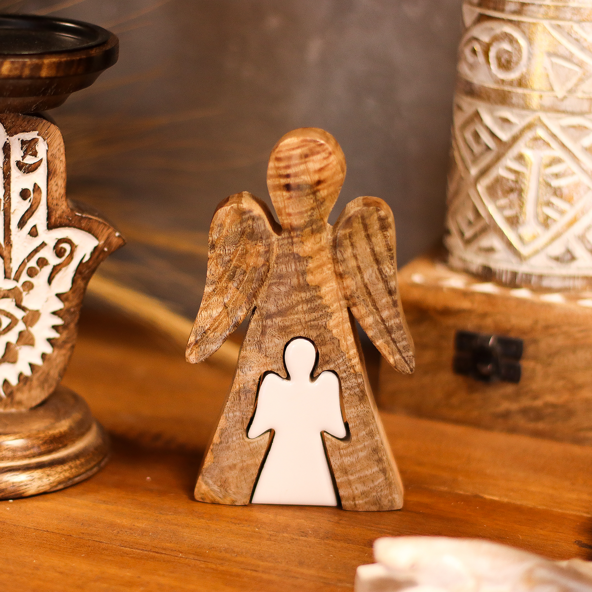 Mango Wood Embracing Angels Figurine, White Enamel Decor