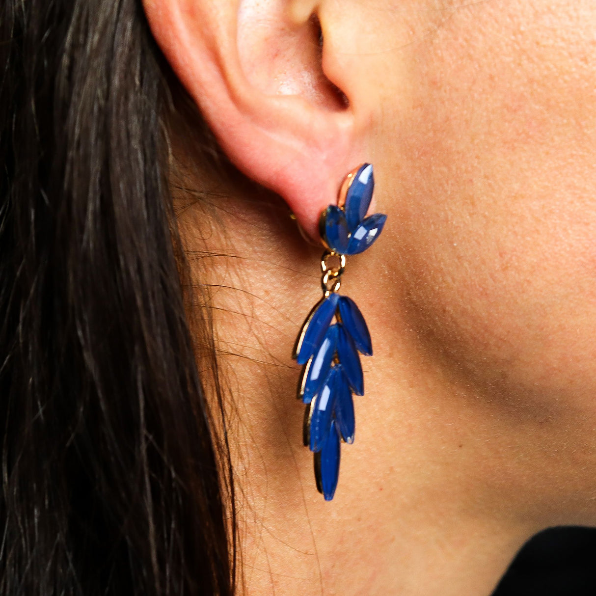 Cobalt Blue Glass Leaf Long Drop Earrings