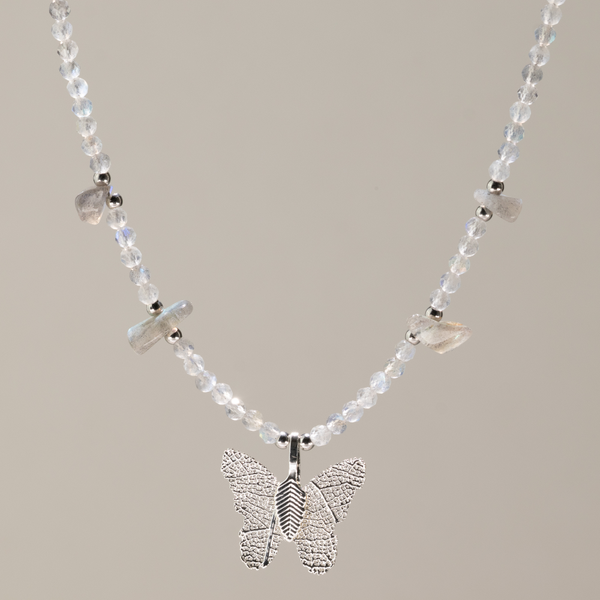 Nymph Labradorite Gemstone Necklace with Real Leaf Butterfly Pendant