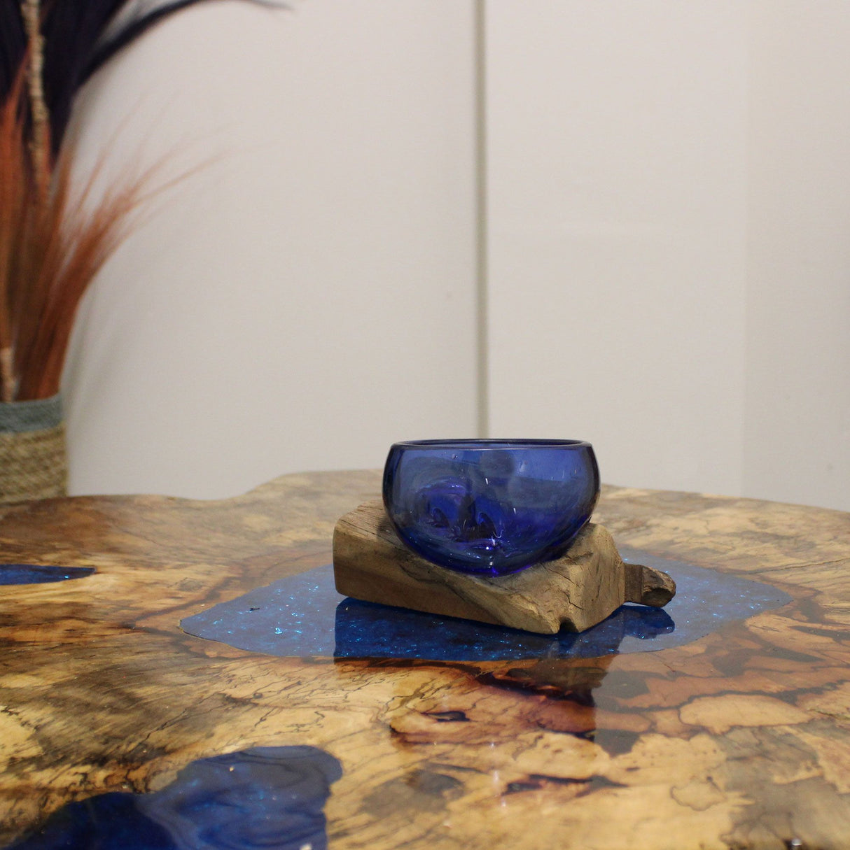 Molten Glass Bowl on Wood Mini Blue
