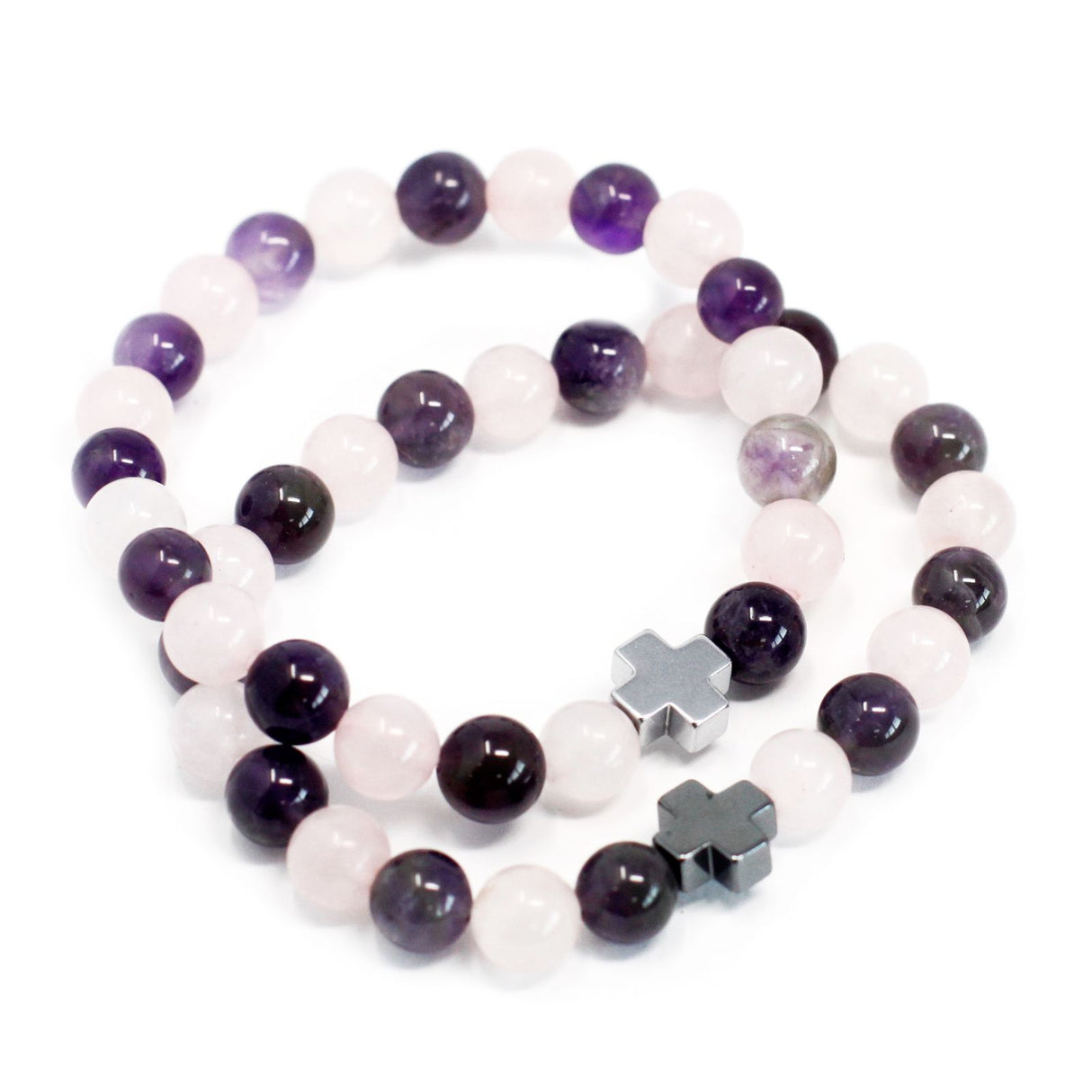 Ensemble de 2 bracelets pour couple Améthyste Quartz Rose