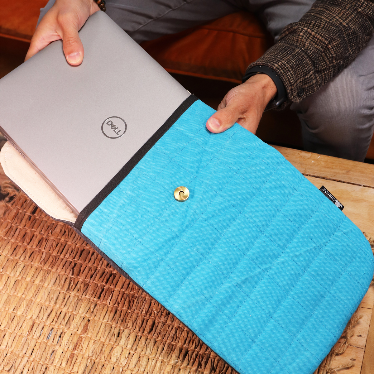 13-Inch Padded Laptop Sleeve Yellow Charcoal Stonewashed Cotton