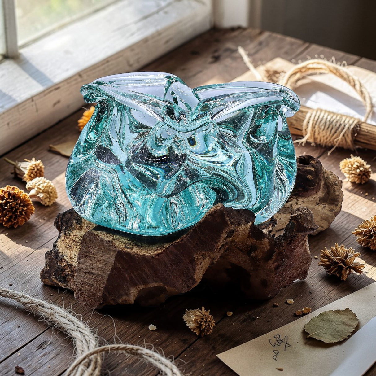 Molten Glass Chunky Ashtray / Candle Holder on Wood 23cm