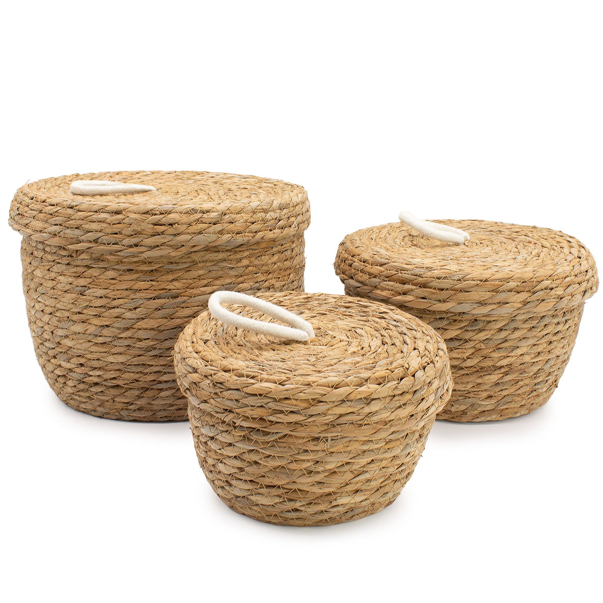Seagrass & Cotton Round Baskets with Lids – Natural – Set of 3