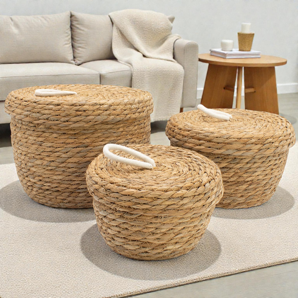 Meriheinä- ja puuvillapyöreät korit kansilla – luonnollinen – 3 kappaleen setti