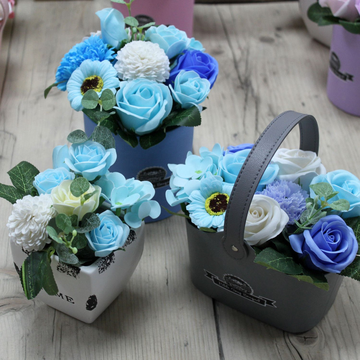 Soap Flowers Bouquet Blue Petite Basket