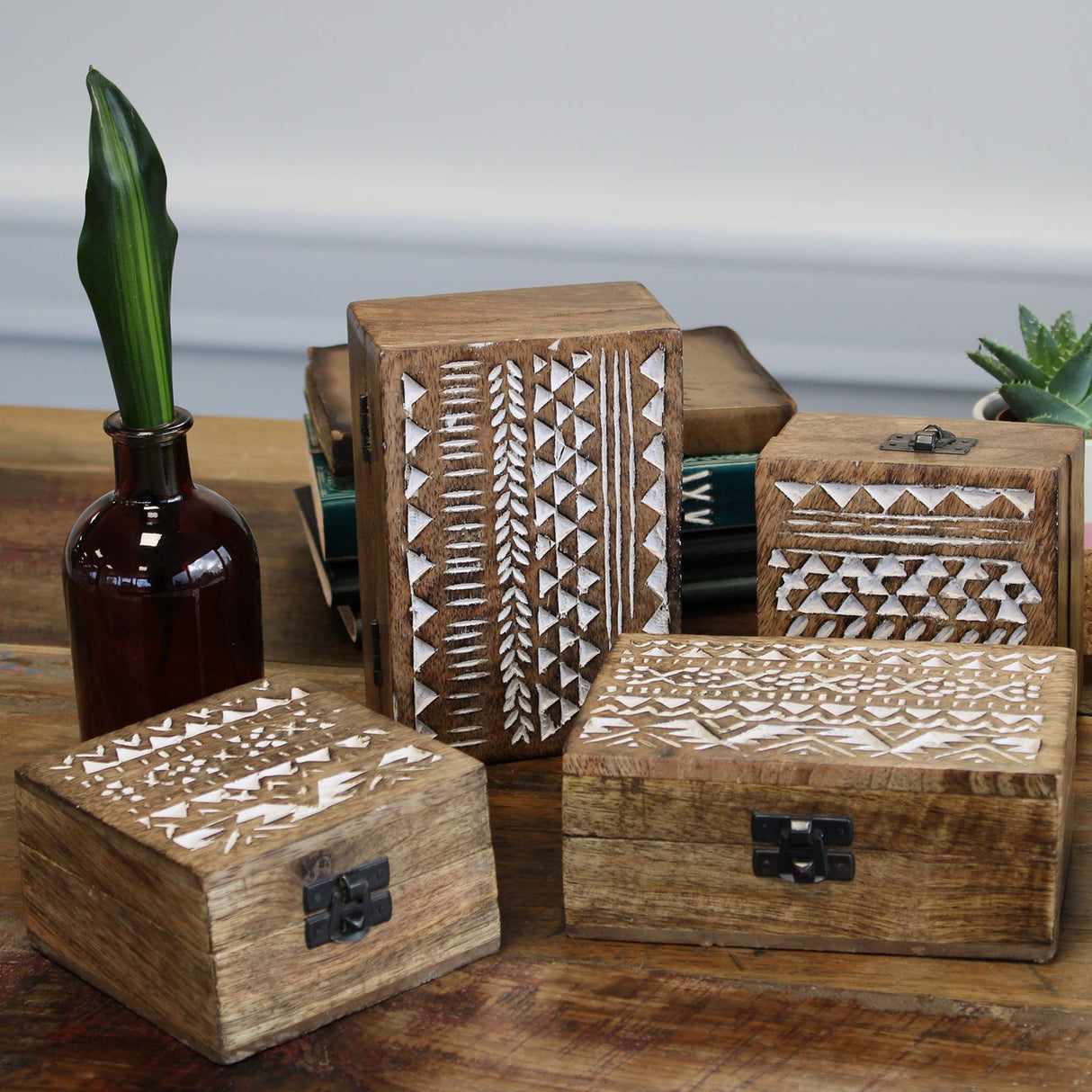 Wooden Box Whitewashed Aztec Design 15x10x6 cm