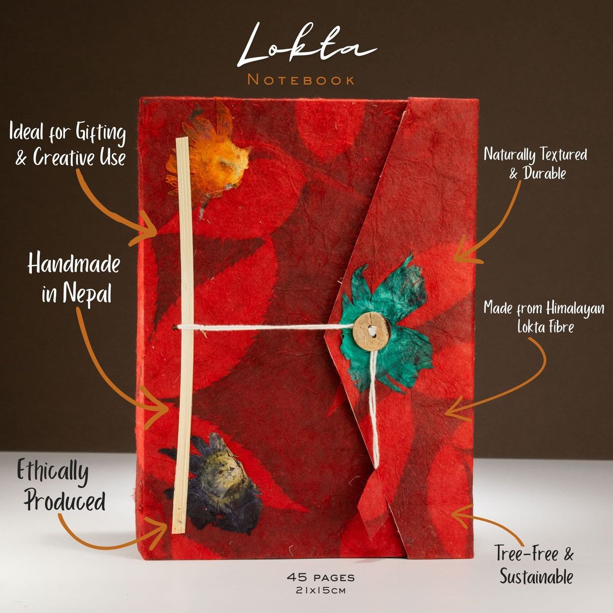 Lokta Tjock Blommig Anteckningsbok – Stor (21x15cm) – 45 Sidor – Inkluderar Bokmärke – Rubin