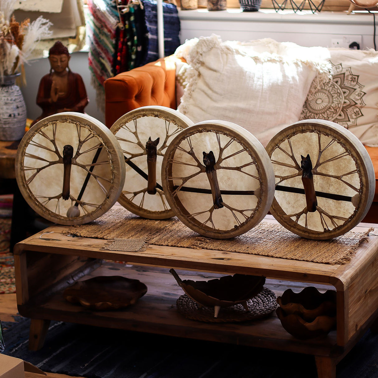 Tambour chamanique à cadre en peau de chèvre accordable Loup 40 cm