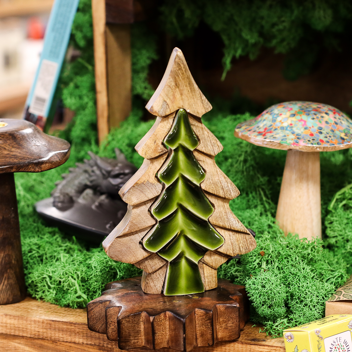 Mango Wood Nested Tree Decoration Green Enamel 15x10cm