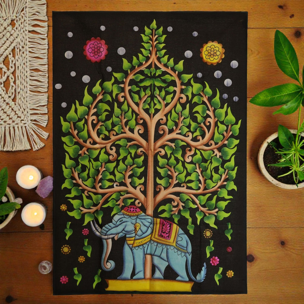 Cotton Wall Art (70x110cm) – Elephant & Tree of Life, Tapestries