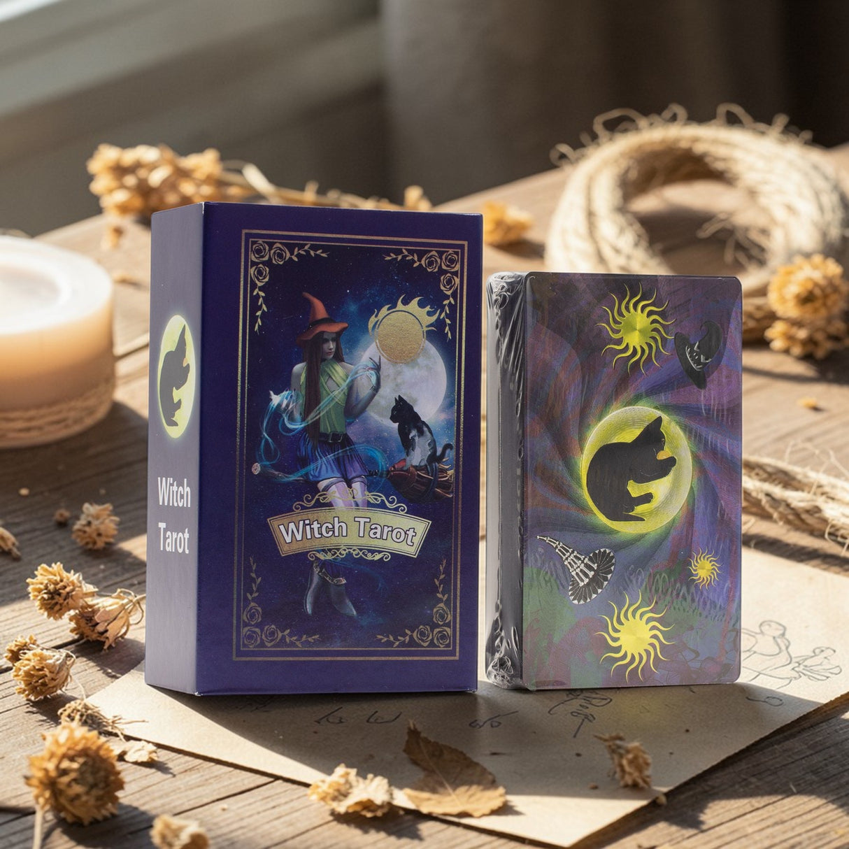 Set de cărți de tarot cu folie mov – Tarotul vrăjitoarei – cu broșură