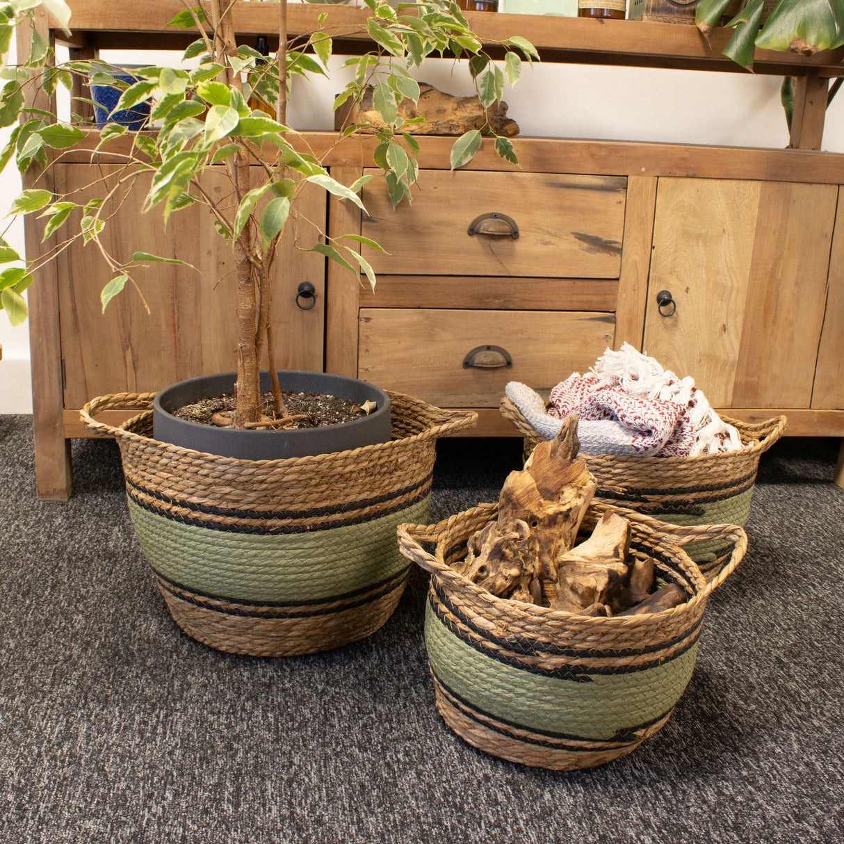 Cestas Grandes de Algodón y Hierba Marina – Natural Negro y Verde - Juego de 3