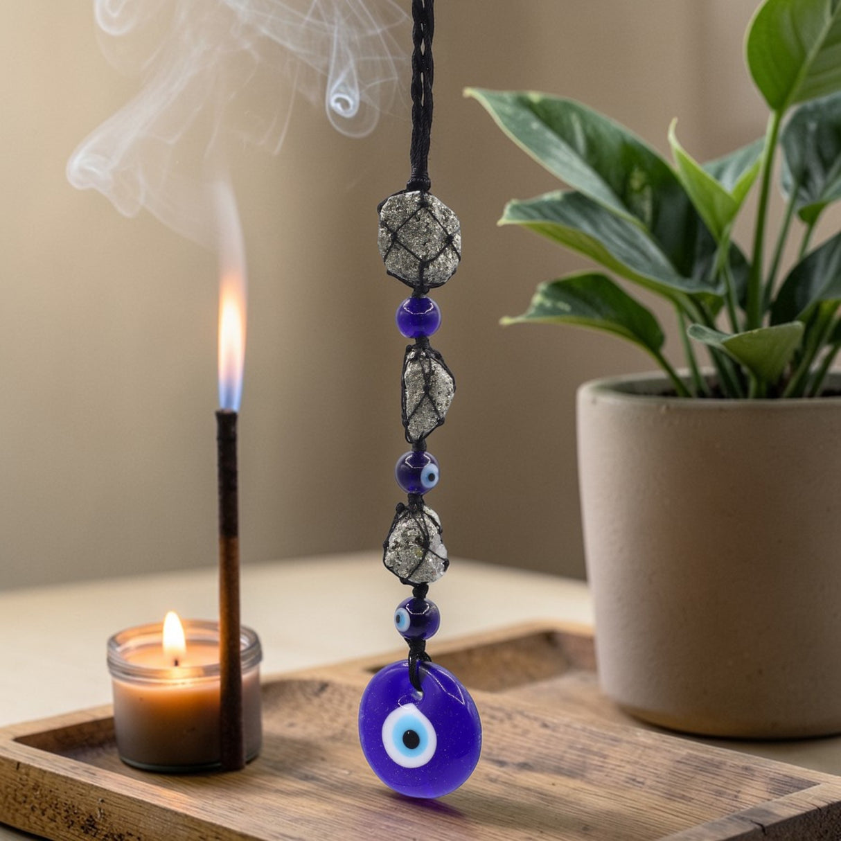 Hanging Stone Pendant – Pyrite Stones & Beads- Evil Eye, Wall Hanging