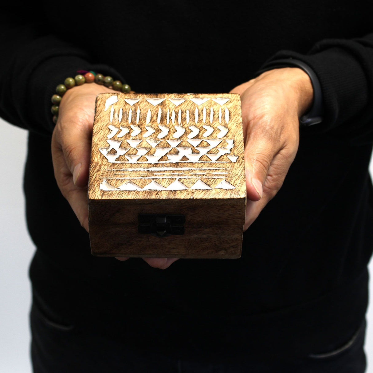 Wooden Box Whitewashed Aztec Design 10x10 cm