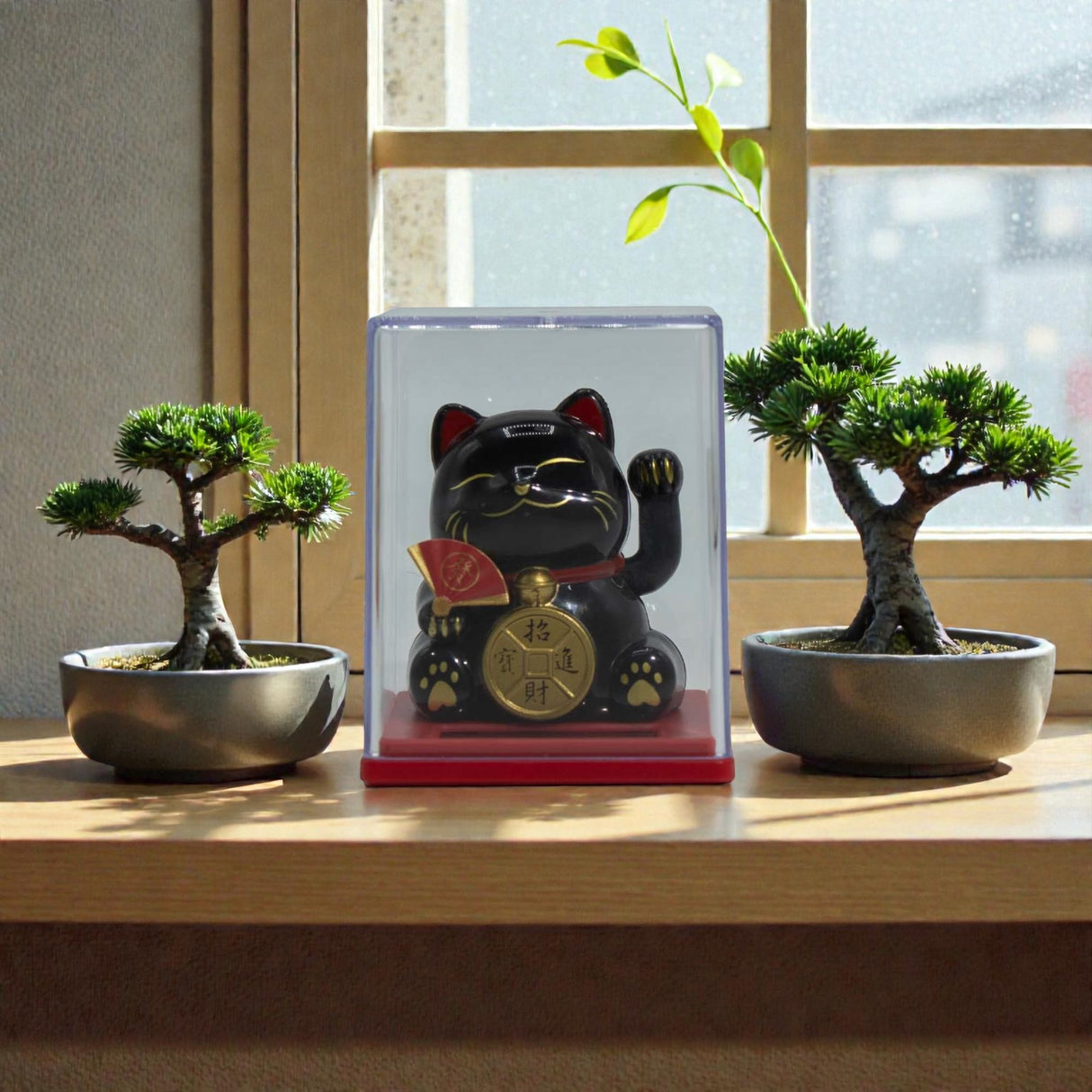 Mini solárna mačka na peniaze v krabici – čierna