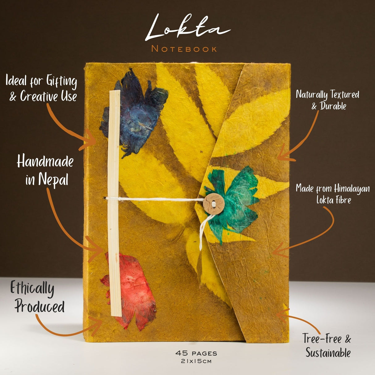 Lokta Bold Floral Notebook – Large (21x15cm) – 45 Leaves – Includes Bookmark – Mustard Brown