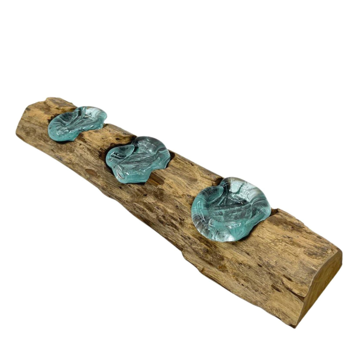 Candle Holder Triple Molten Glass on Wood Base