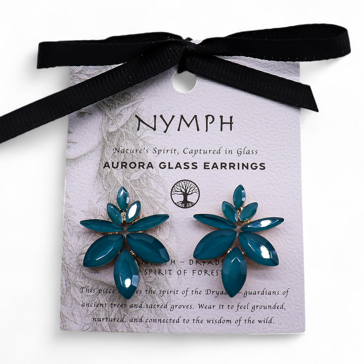 Teal Green Glass Floral Stud Earrings Gold-Tone