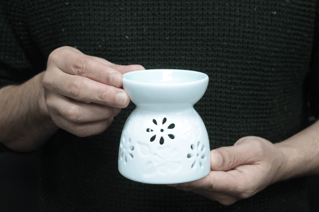 White Ceramic Oil Burner – Floral Teal Well