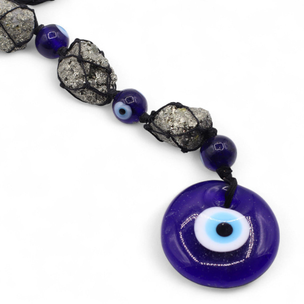 Hanging Stone Pendant – Pyrite Stones & Beads- Evil Eye