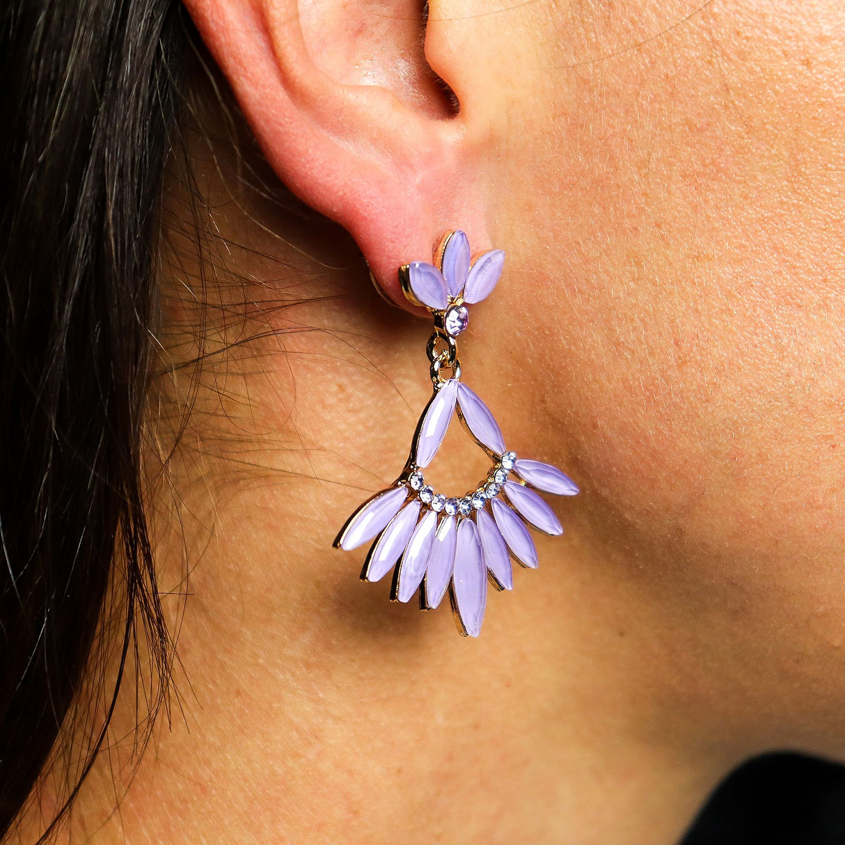 Lavender Glass Floral Drop Earrings, Vintage Gold Tone