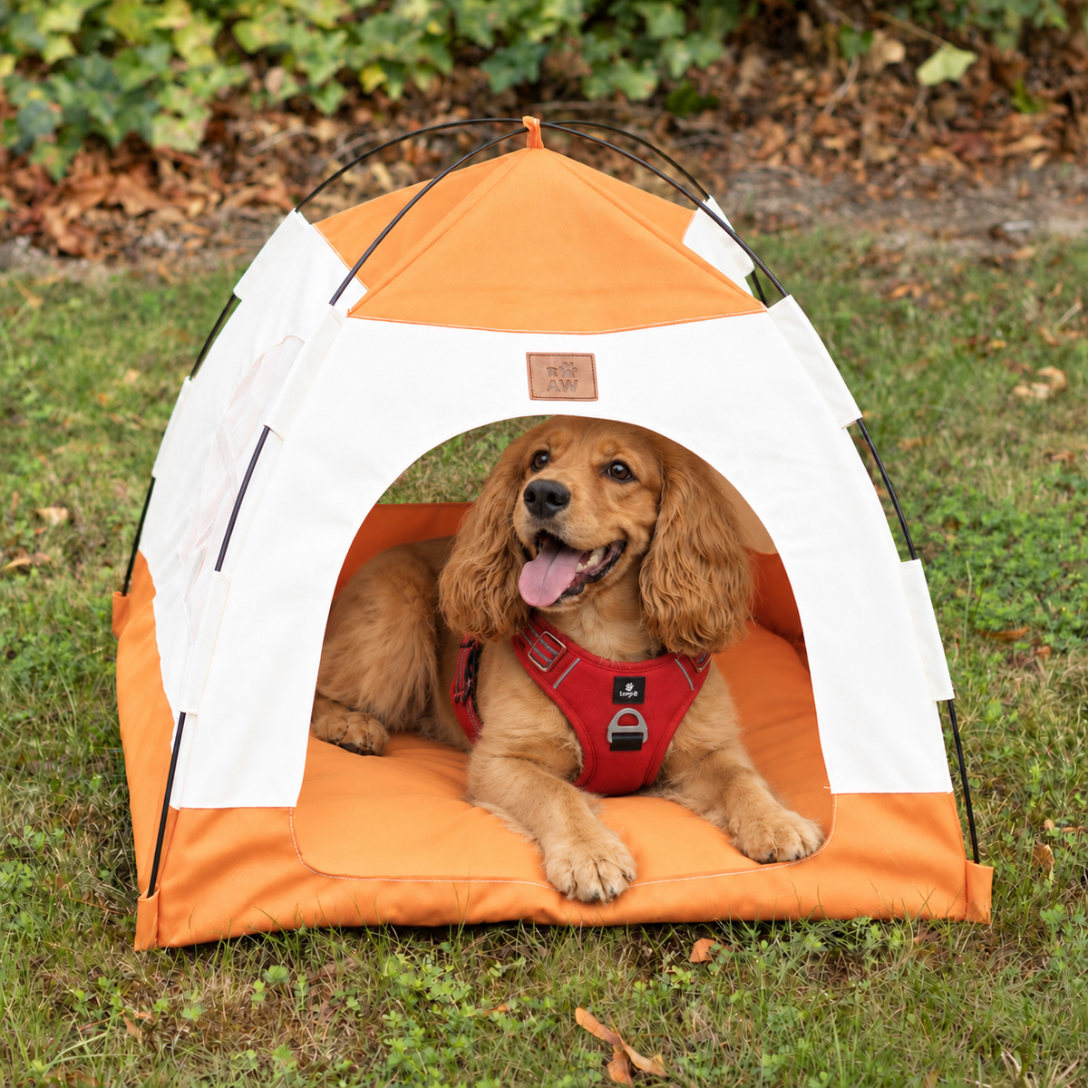 PAW Bed – Beige & Orange Tent – 58 × 58 × 48 cm