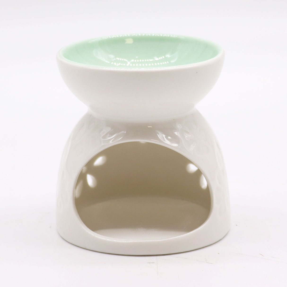 White Ceramic Oil Burner – Floral Teal Well